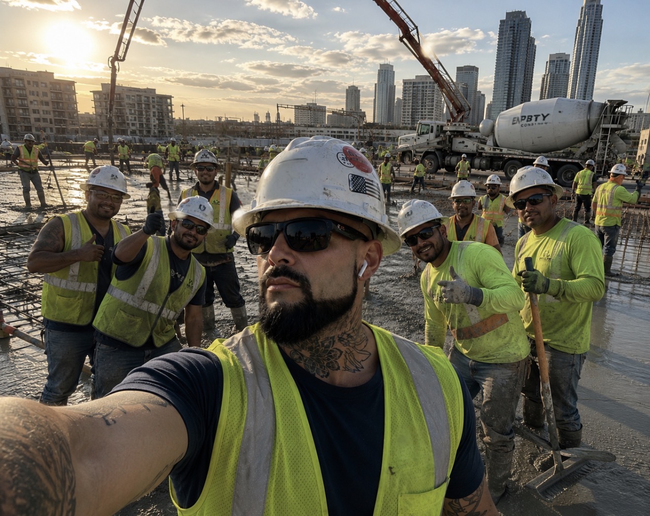 London Wulfe on a high-rise concrete deck pour at sunset with his crew, Miami skyline in the background